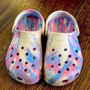 Pink and blue Ty dye CROCS